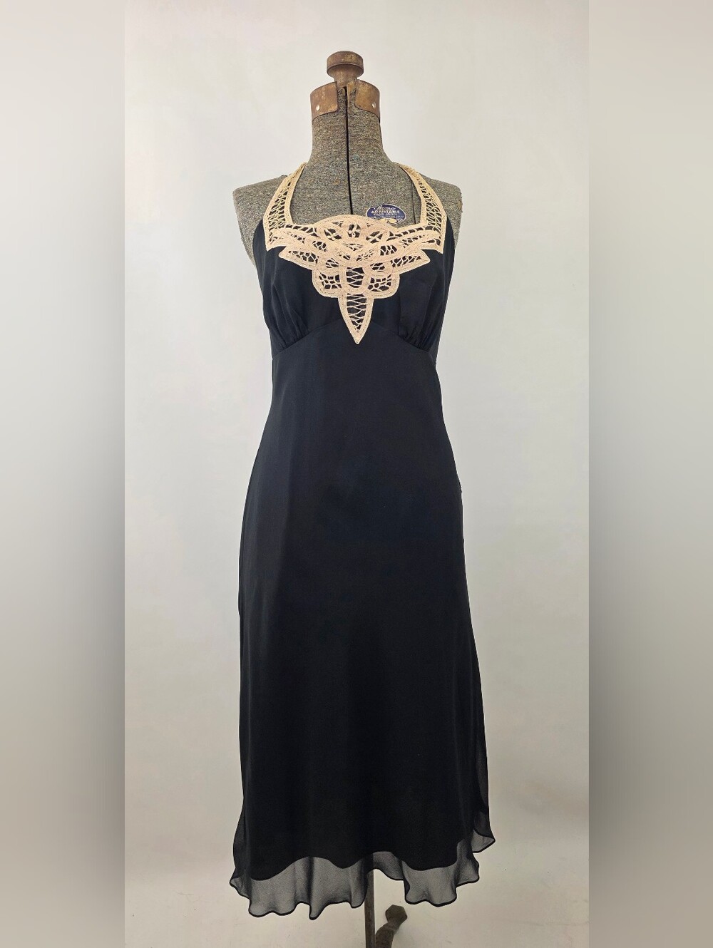 Nicole Miller Vintage Y2K Women's Black Silk Tan Lace Halter Flowy Midi Dress Si